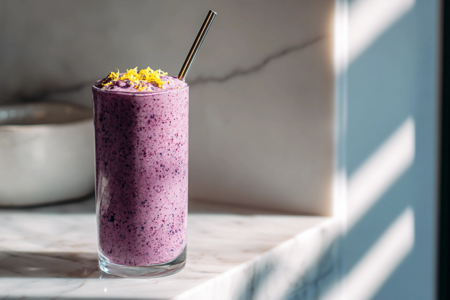 blueberry avocado smoothie in a modern kitchen