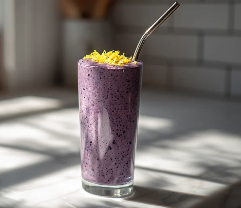blueberry avocado smoothie in a modern kitchen