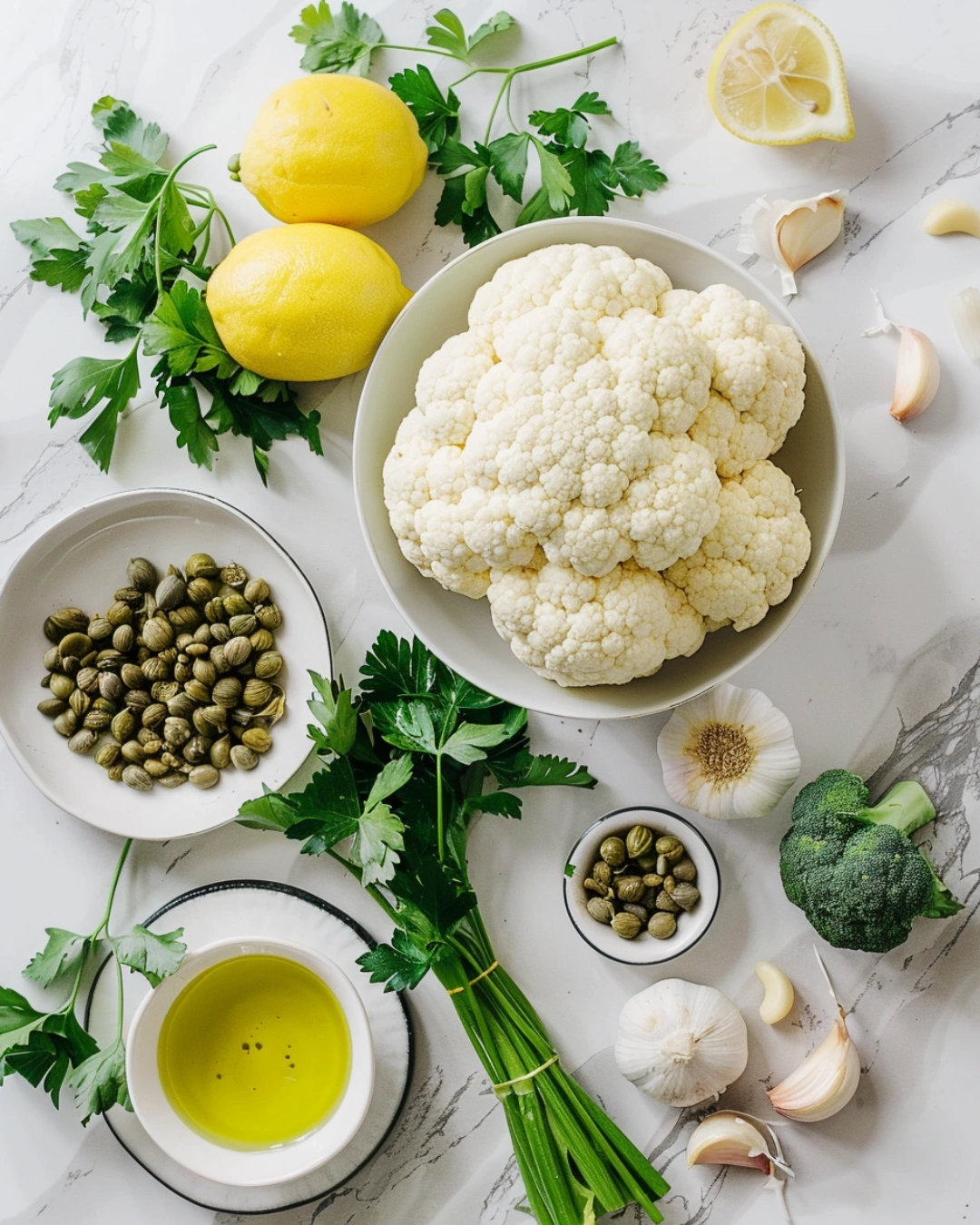 Ingredients for cauliflower steaks with lemon salsa verde on marble countertop