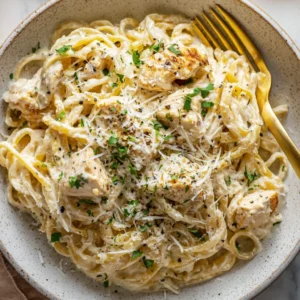 Top-down view of creamy garlic chicken pasta with parmesan and parsley.