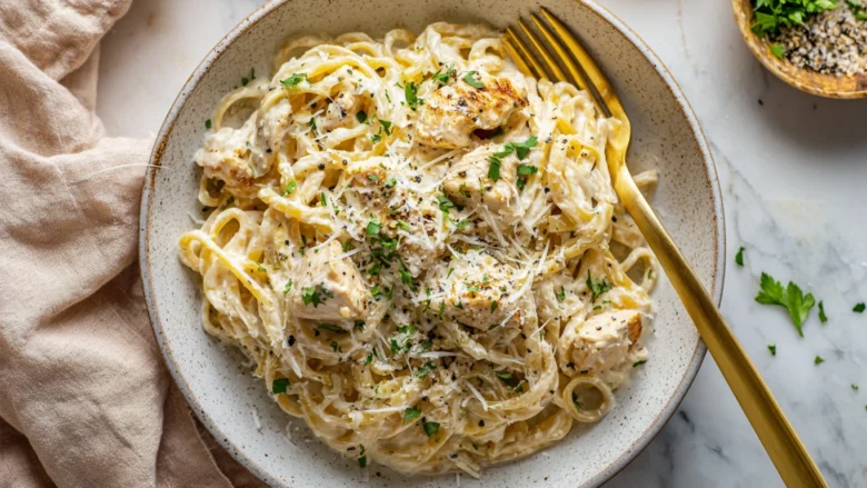 Top-down view of creamy garlic chicken pasta with parmesan and parsley.