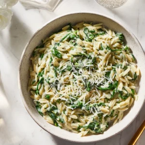 Creamy spinach orzo with Parmesan in a serving bowl