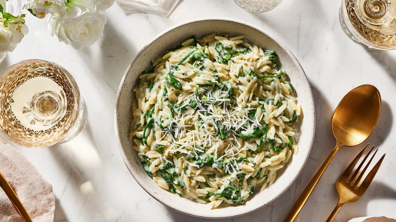 creamy spinach orzo with Parmesan – Irresistible Parmesan in 20 Mins 1 Creamy spinach orzo with Parmesan in a serving bowl