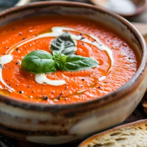 Creamy tomato basil soup in rustic bowl