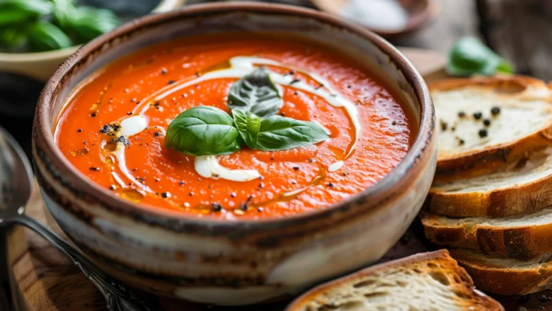 Creamy tomato basil soup in rustic bowl