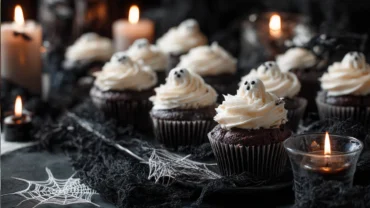 Ghostly Cupcakes on a Halloween-themed table