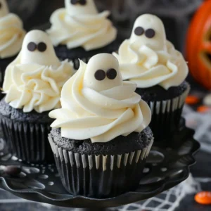 Ghost cupcakes served on a party stand