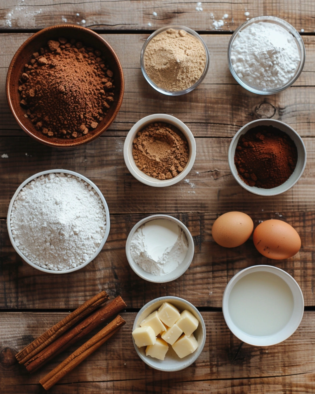 Baking ingredients for Gingerbread Cupcakes on wooden surface