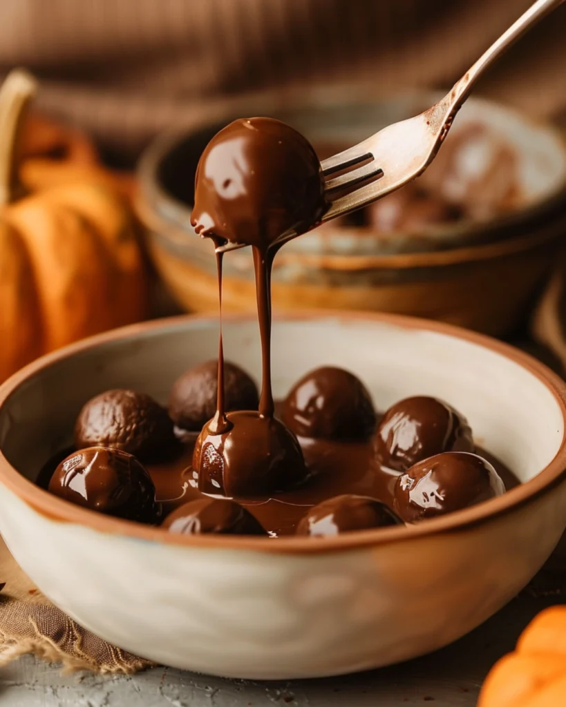 Dipping pumpkin truffles into melted dark chocolate in a kitchen