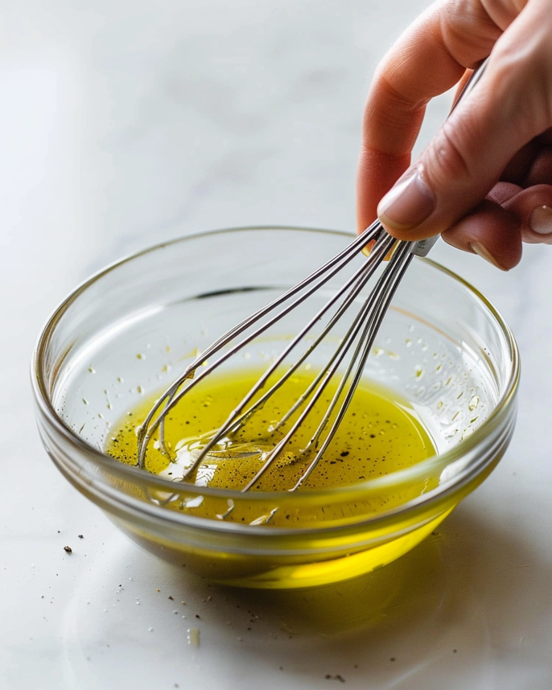 Whisking lemon juice, olive oil, and Dijon mustard in a glass bowl