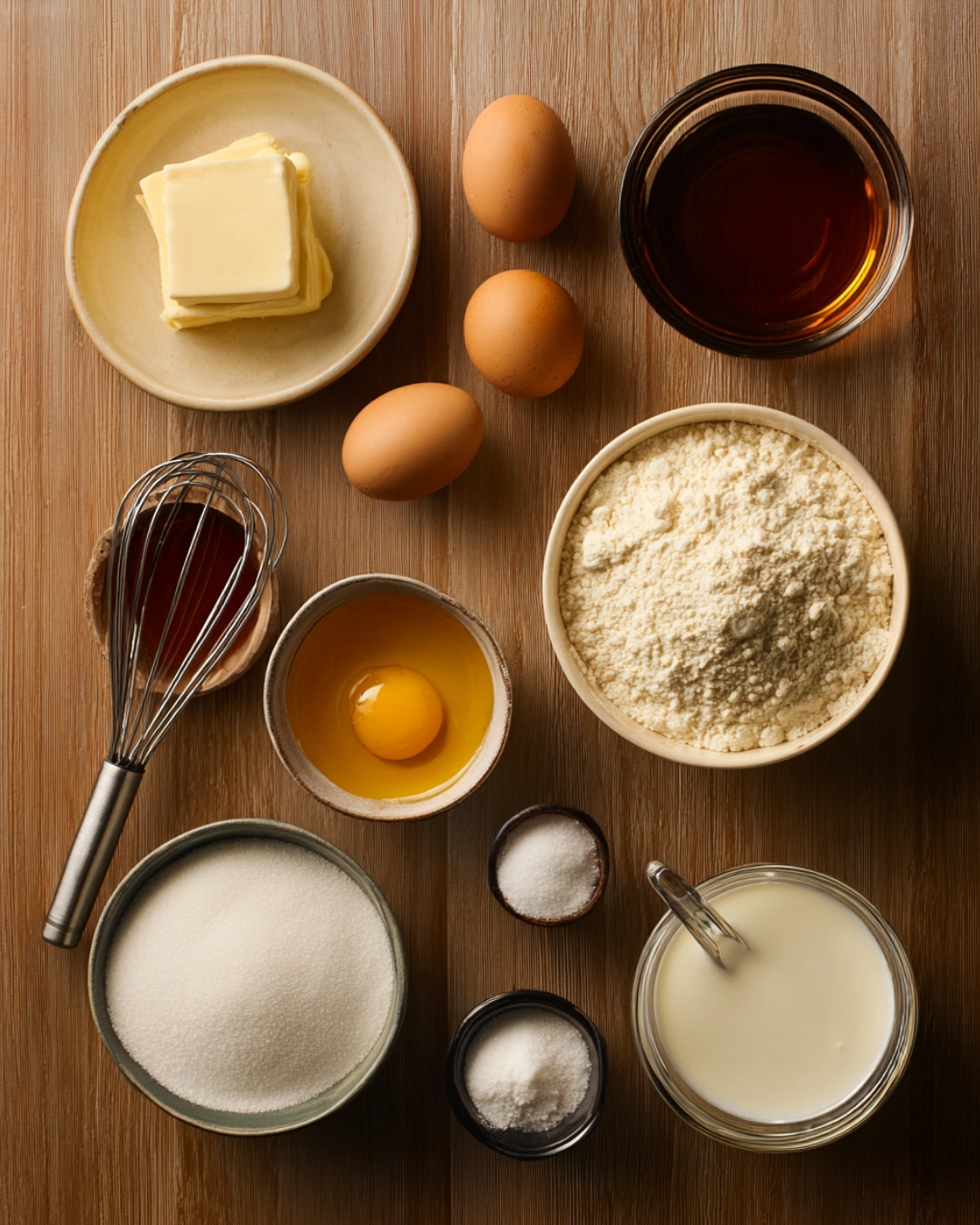 Ingredients for Maple Donut Bars arranged on wooden table