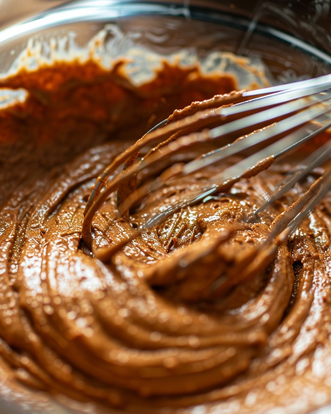 Mixing gingerbread cupcake batter with whisk in glass bowl