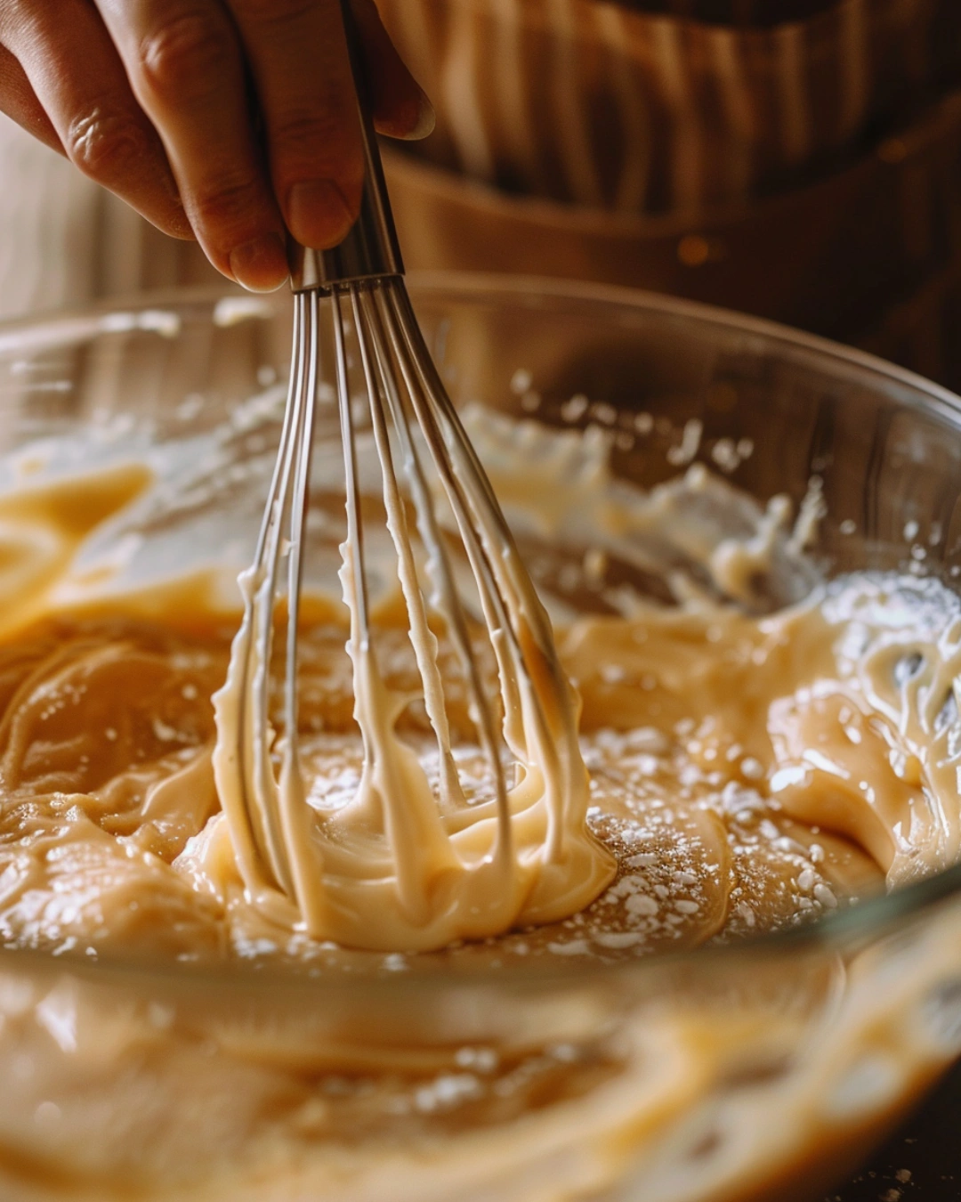 Mixing maple donut batter in a glass bowl