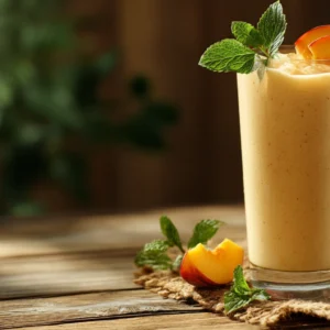Peaches and cream smoothie in glass with garnish