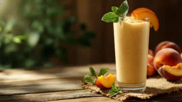 Peaches and cream smoothie in glass with garnish