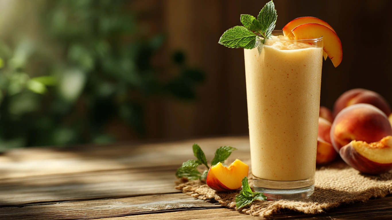 Peaches and Cream Smoothie – 5-Min Delight with Creamy Twist 1 Peaches and cream smoothie in glass with garnish