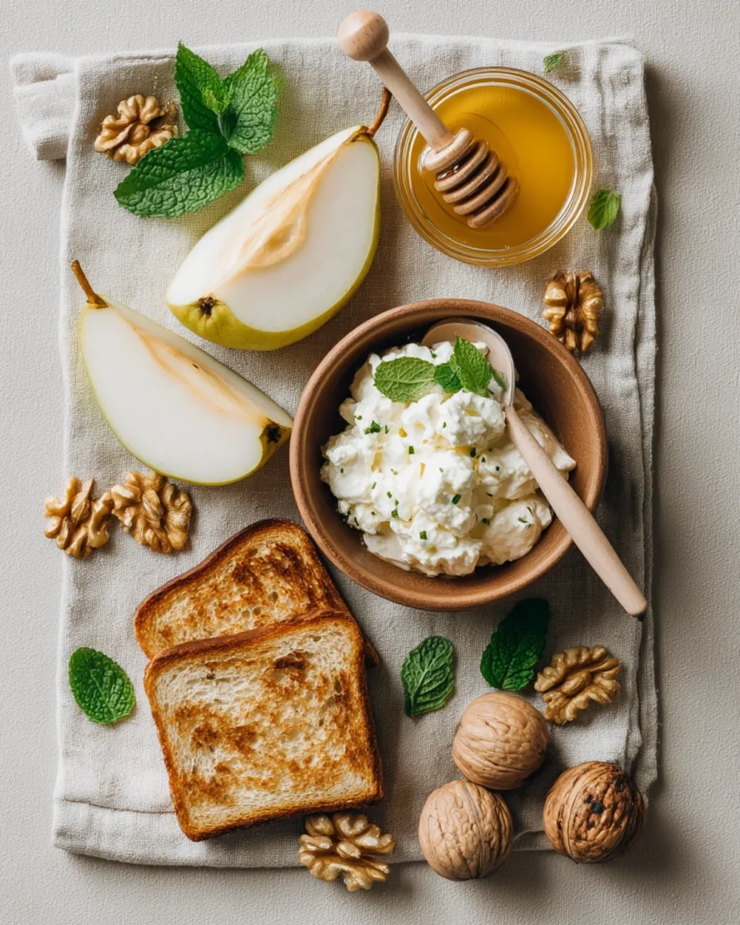 Pear, ricotta, honey, bread ingredients for toast