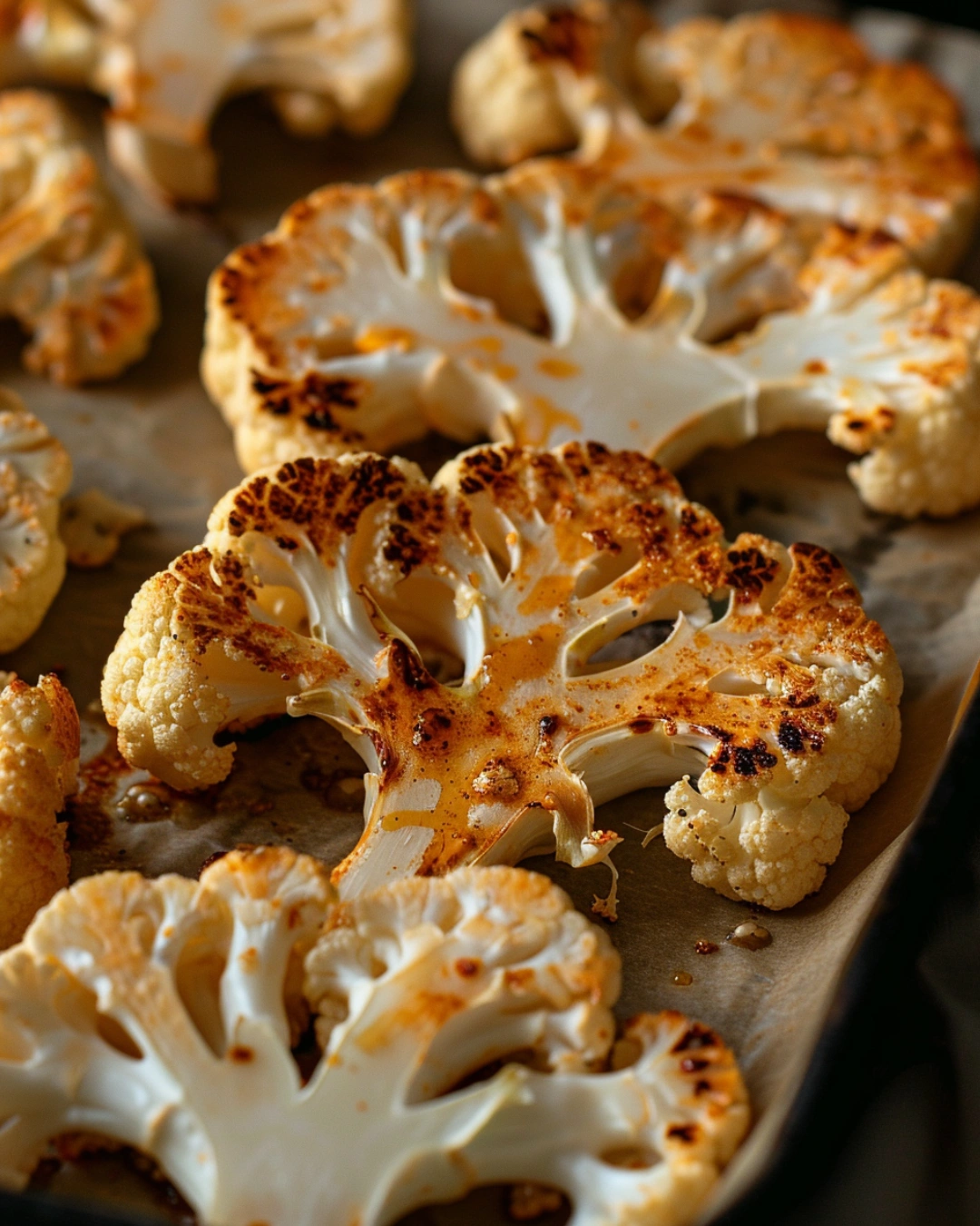 Cauliflower steaks roasting in oven until golden brown