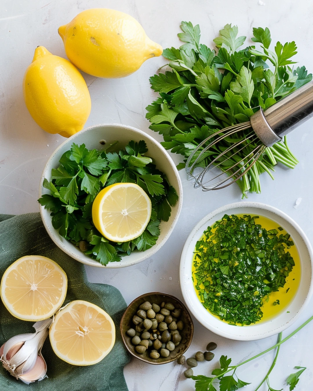 Fresh lemon salsa verde being mixed in a bowl with olive oil and herbs