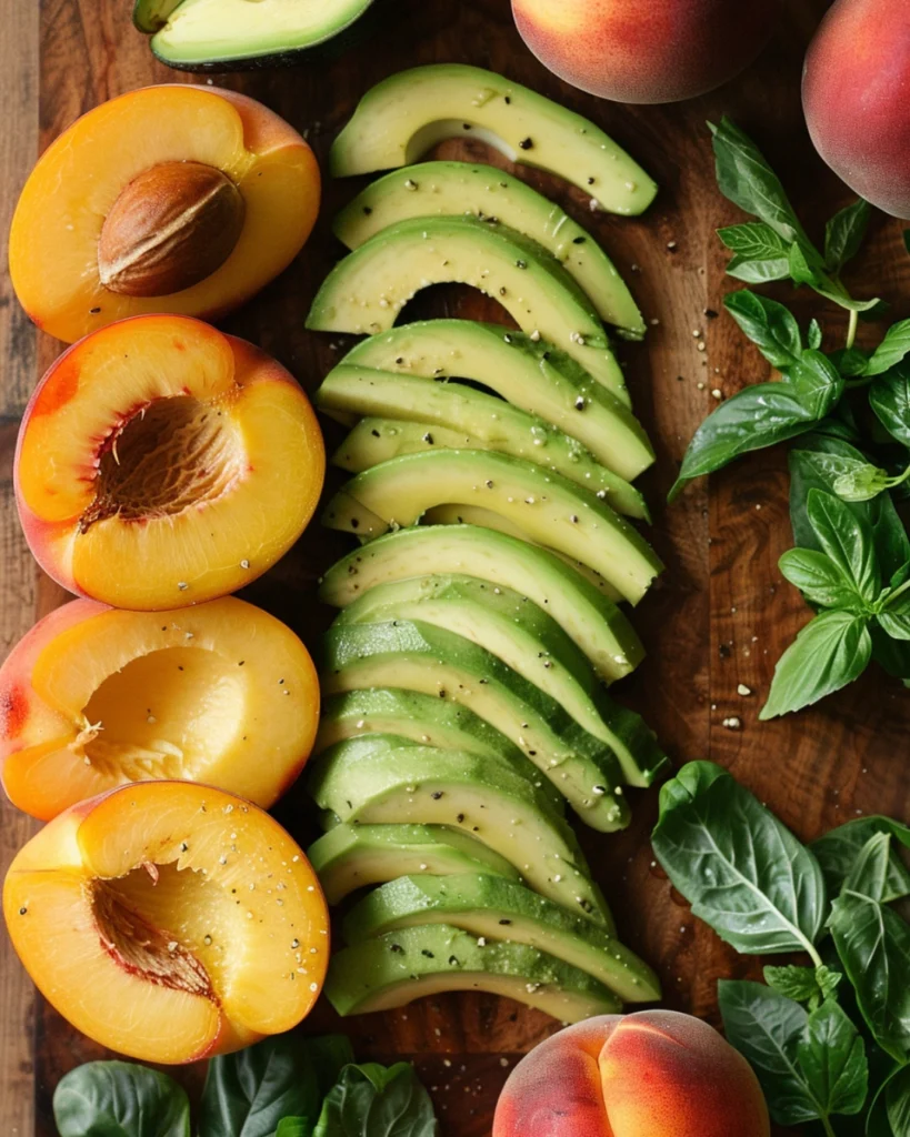 Sliced peaches and avocado on cutting board