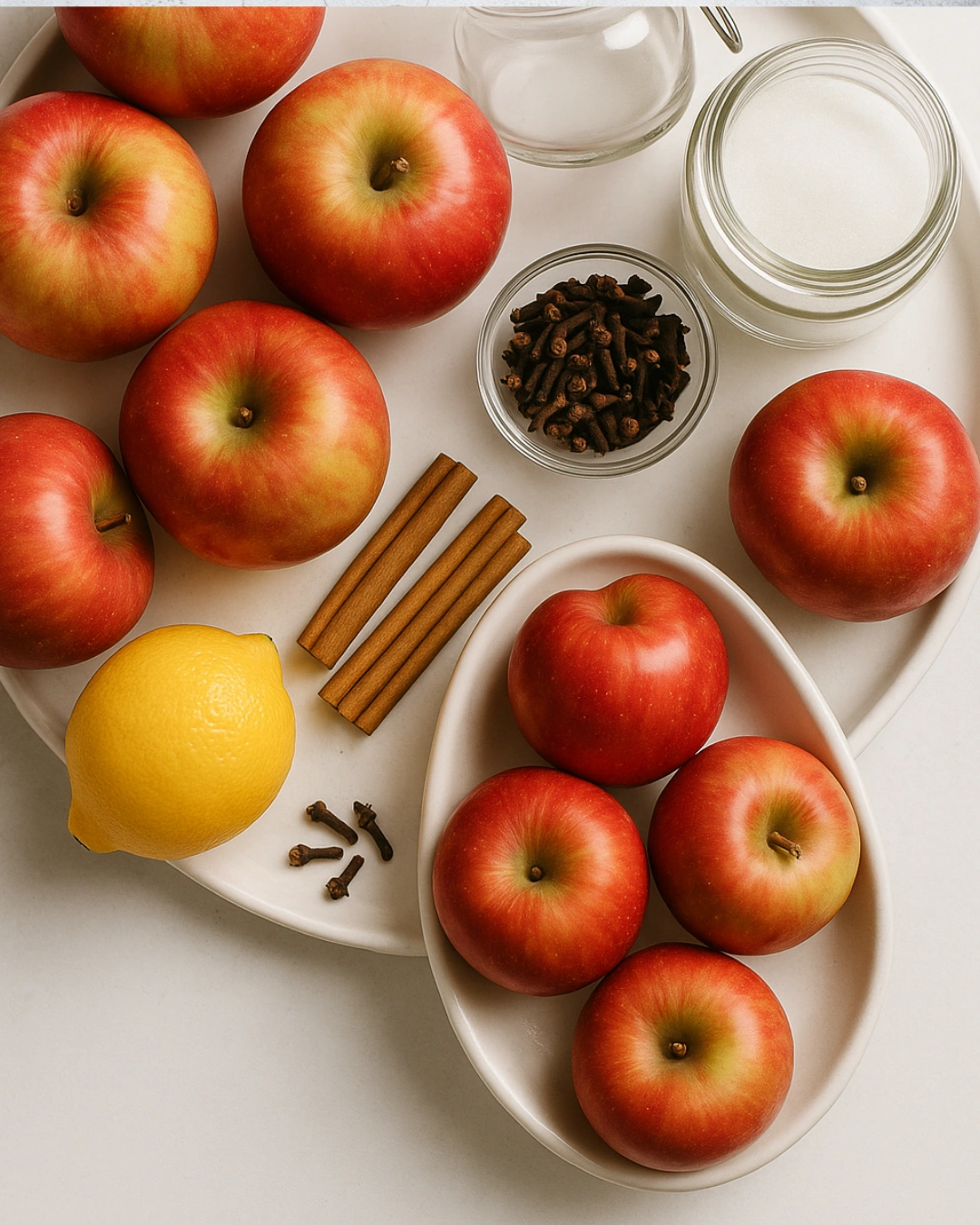 Ingredients for Homemade Spiced Apple Rings laid out on a kitchen table