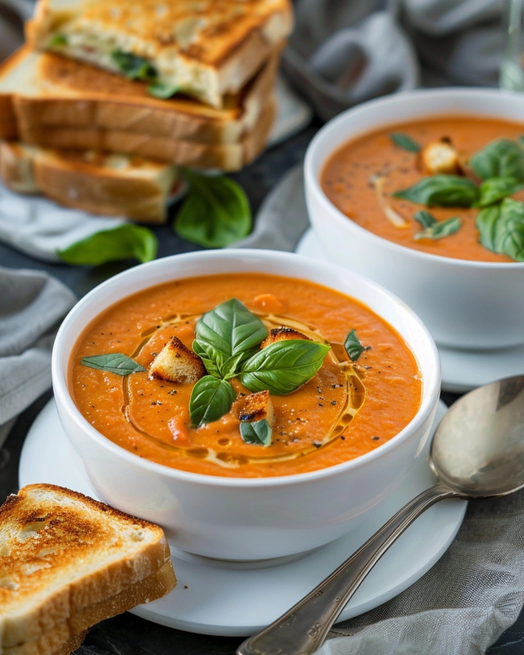 Tomato basil soup with grilled cheese