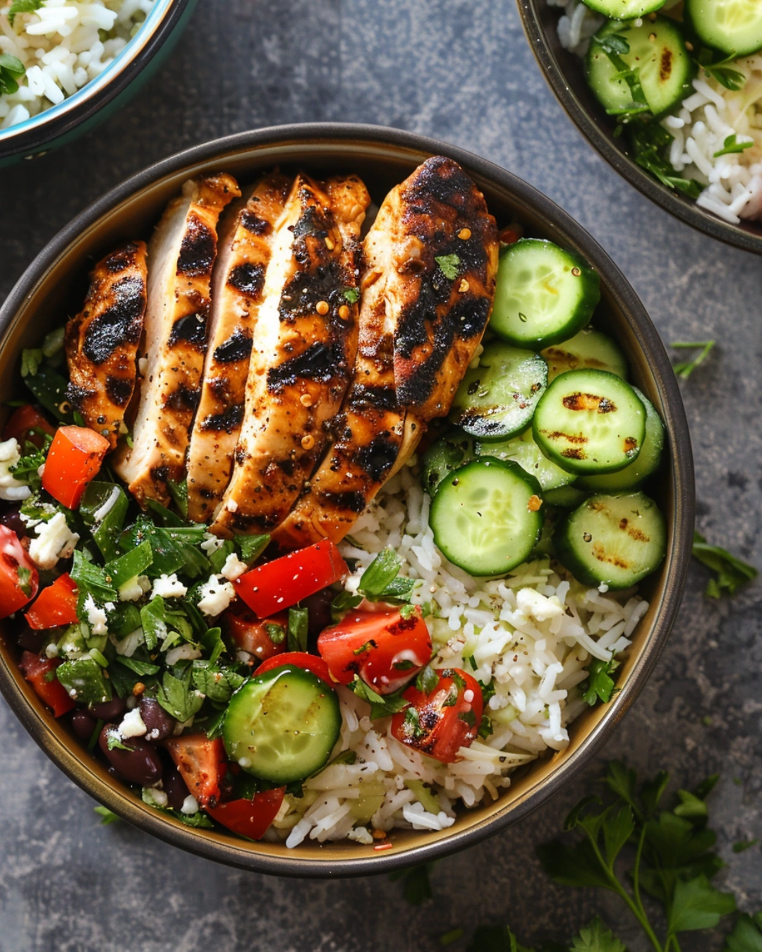 assembling greek chicken rice bowls