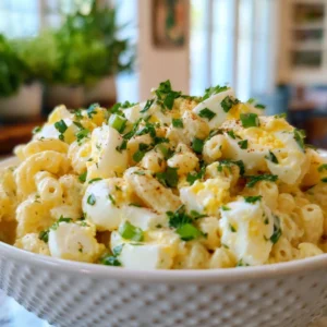 Bowl of Creamy Egg Macaroni Salad with chopped eggs, macaroni, celery, and parsley on a bright kitchen counter.