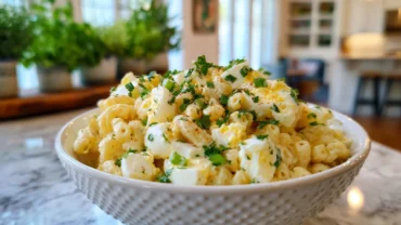 Bowl of Creamy Egg Macaroni Salad with chopped eggs, macaroni, celery, and parsley on a bright kitchen counter.