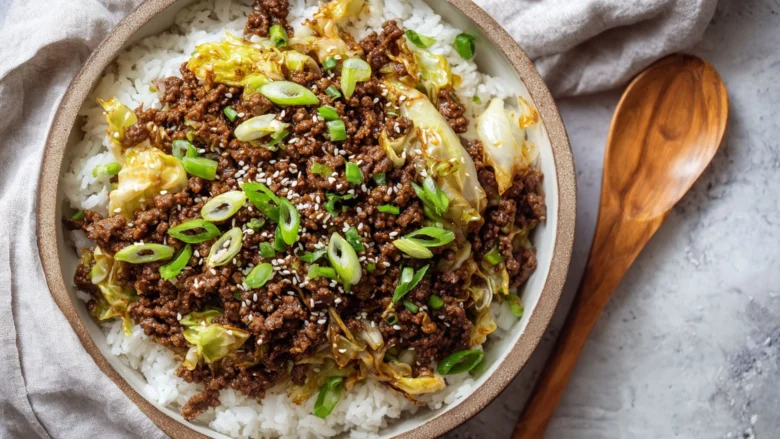 Ground beef and cabbage stir-fry with sesame seeds in a wok