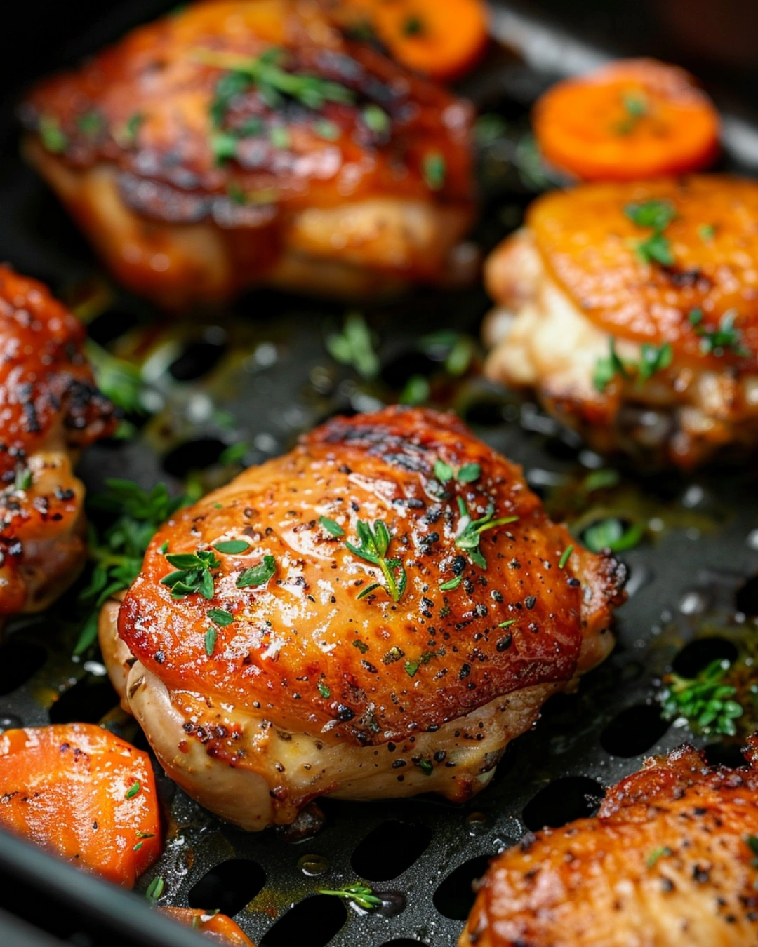 Chicken thighs and carrots cooking in air fryer