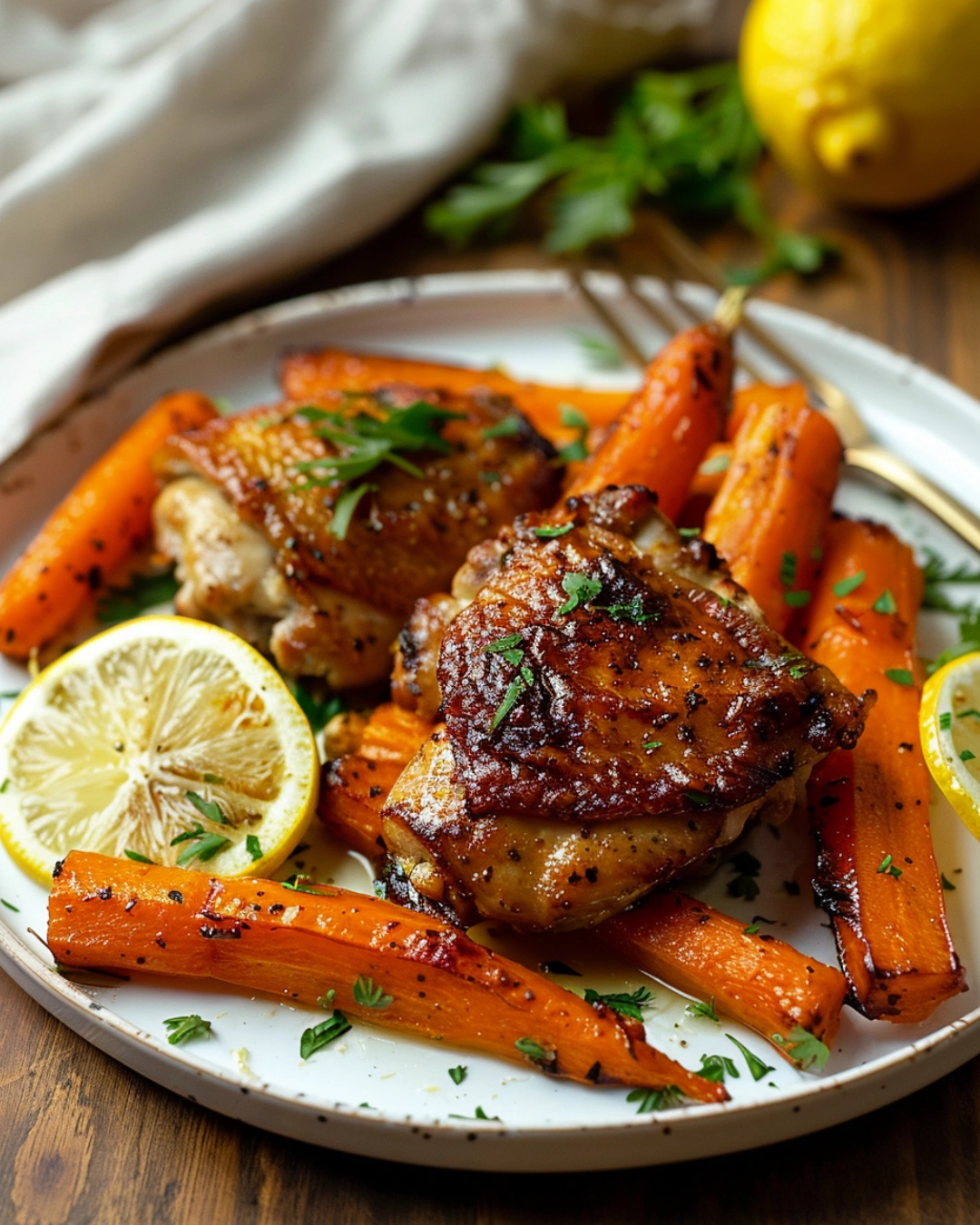 Plated Air Fryer Herb Chicken Thighs with Carrots
