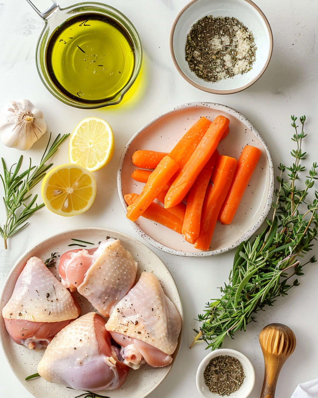 Fresh ingredients for Air Fryer Herb Chicken Thighs with Carrots