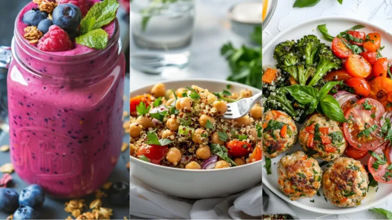 High-protein diet meal plan collage featuring a berry protein smoothie, quinoa chickpea salad, and high-protein turkey veggie meal for weight loss and muscle gain.