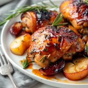 Baked rosemary apple cider chicken bubbling with glaze