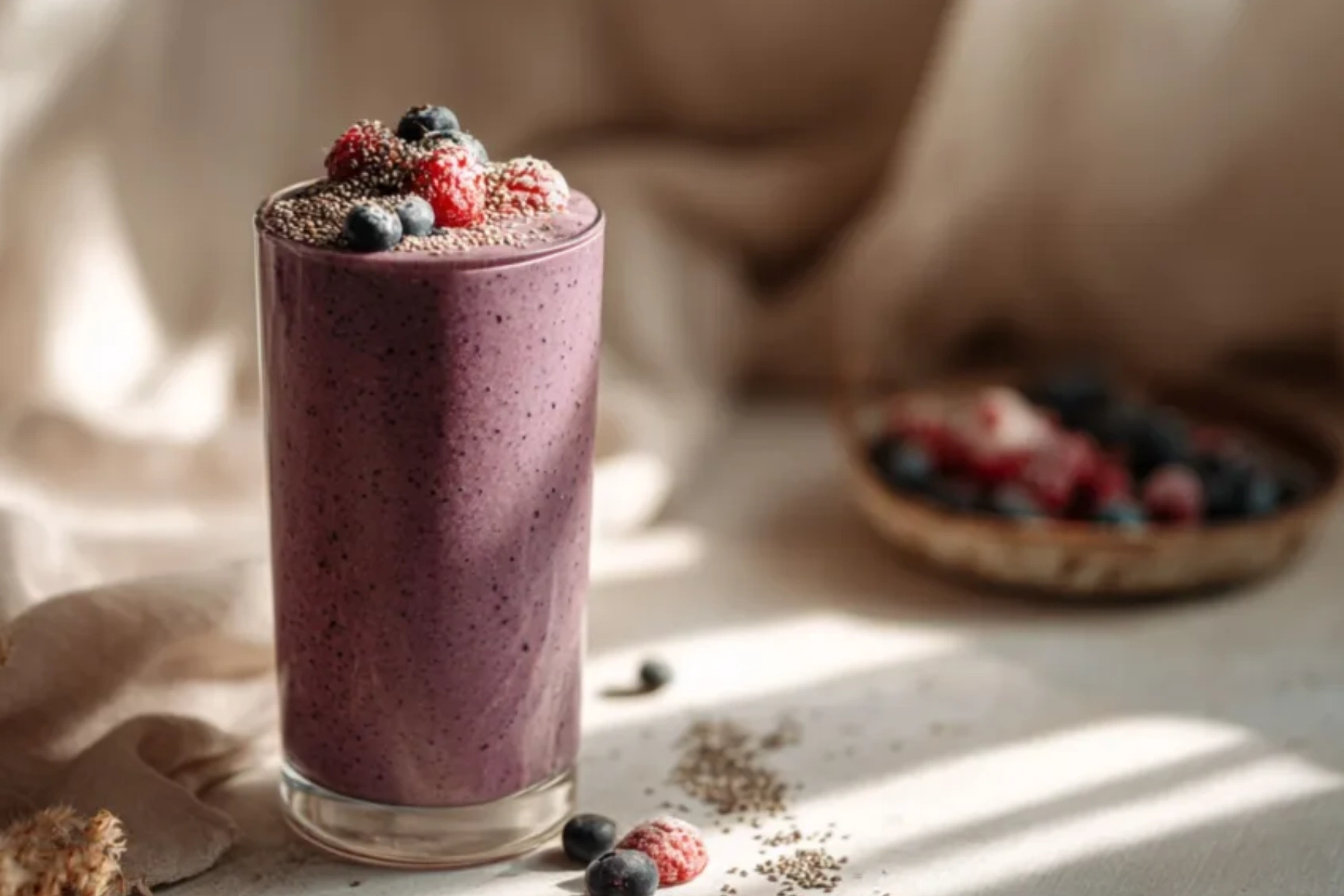 Berry Cottage Cheese Smoothie in natural light