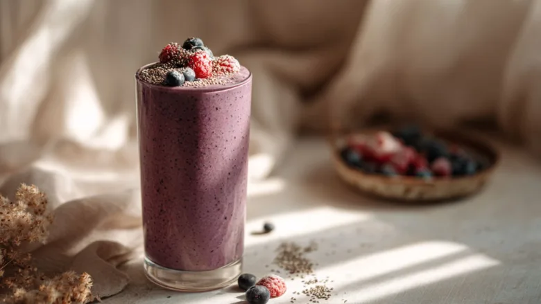 Berry Cottage Cheese Smoothie in natural light