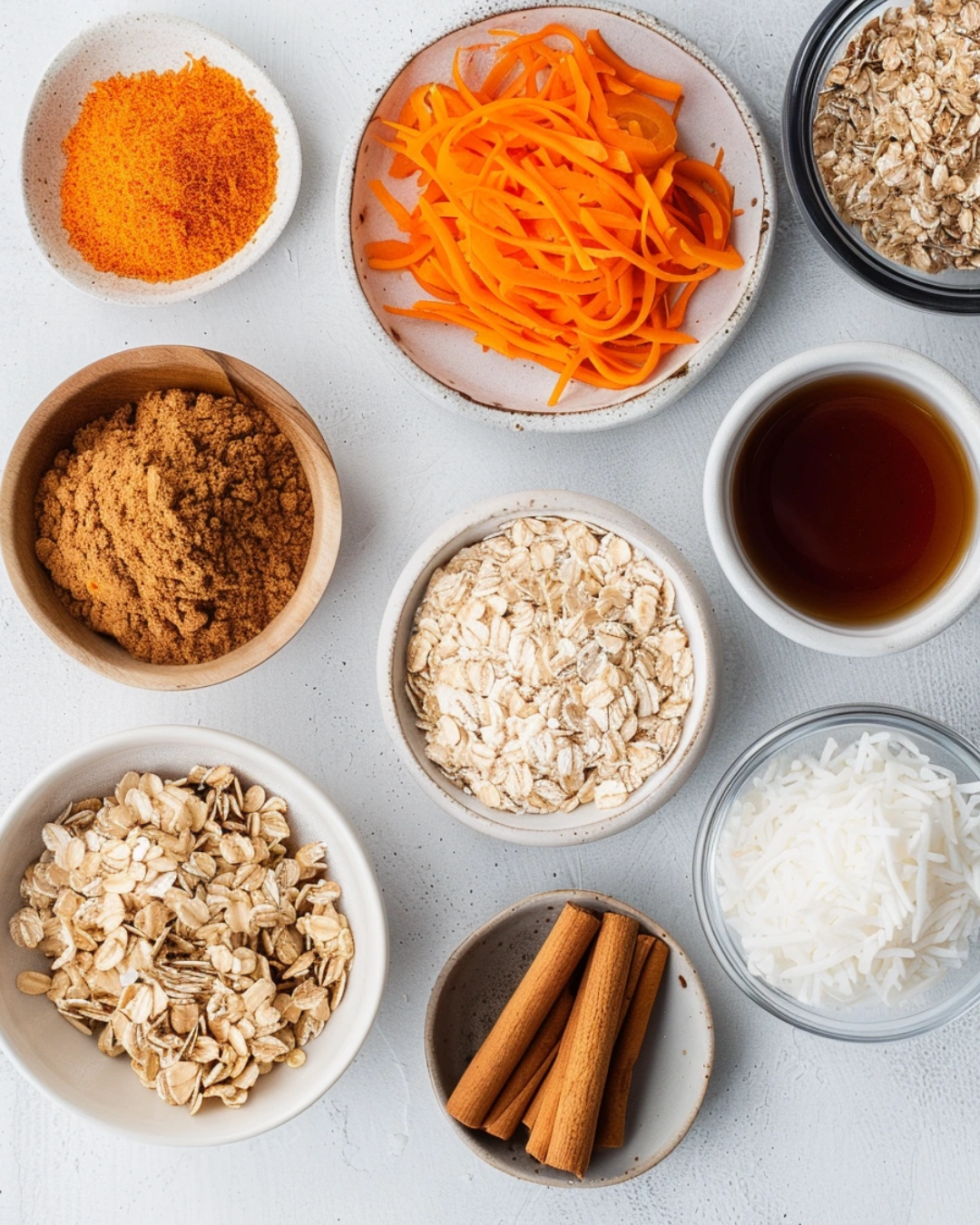 Ingredients for carrot energy bites in bowls on a white table