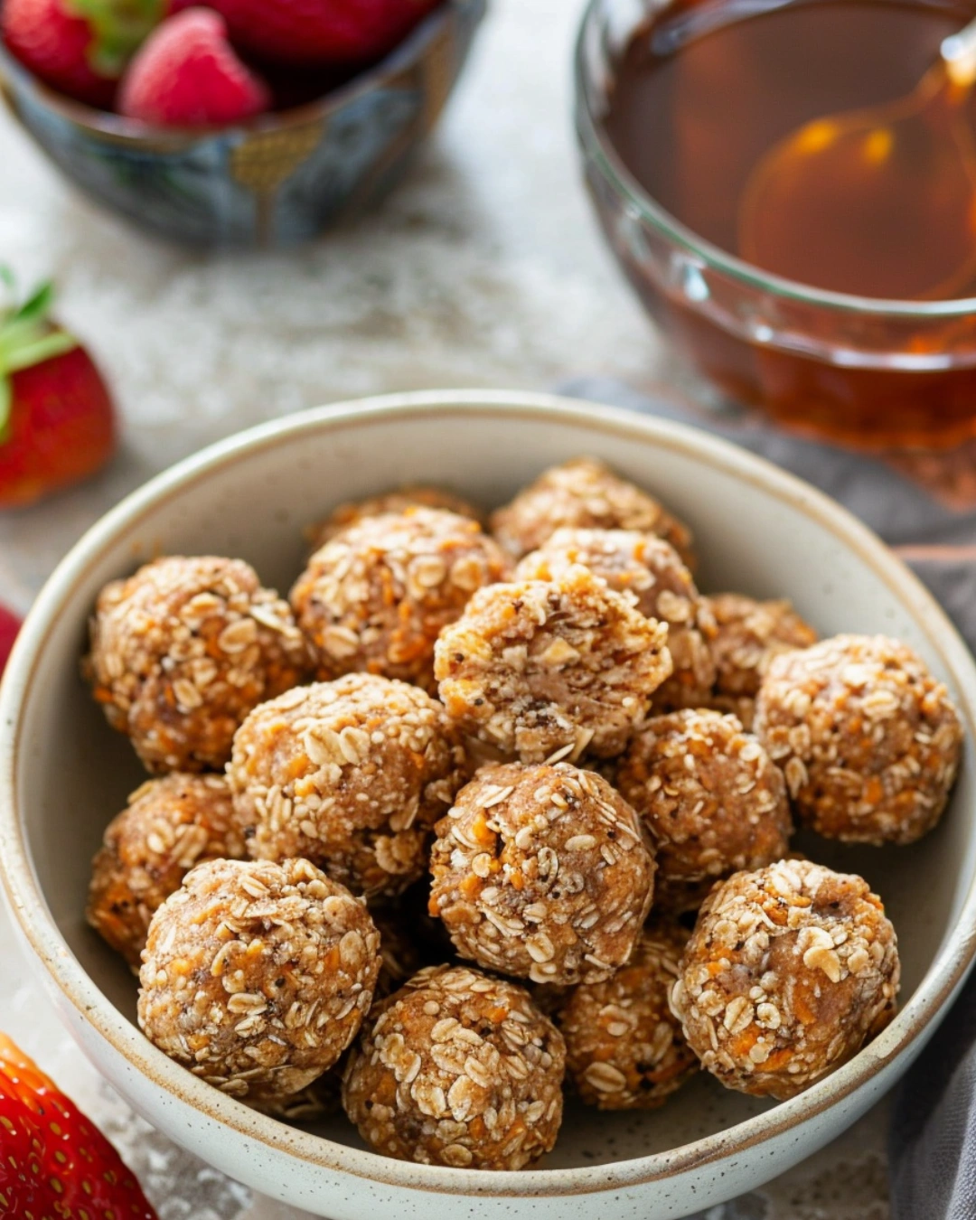 Carrot energy bites served in a bowl with tea on the side