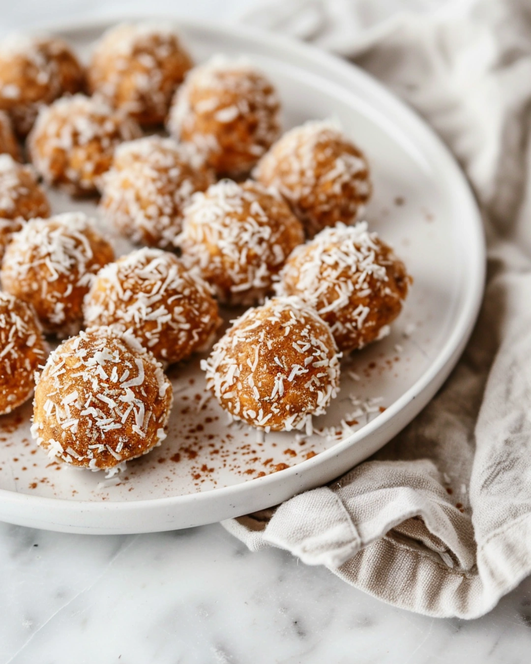Carrot energy bites served in a bowl with tea on the side