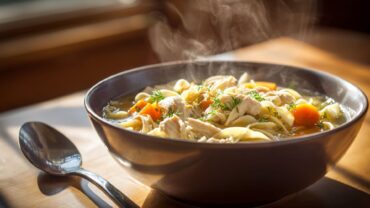 chicken noodle soup in rustic bowl