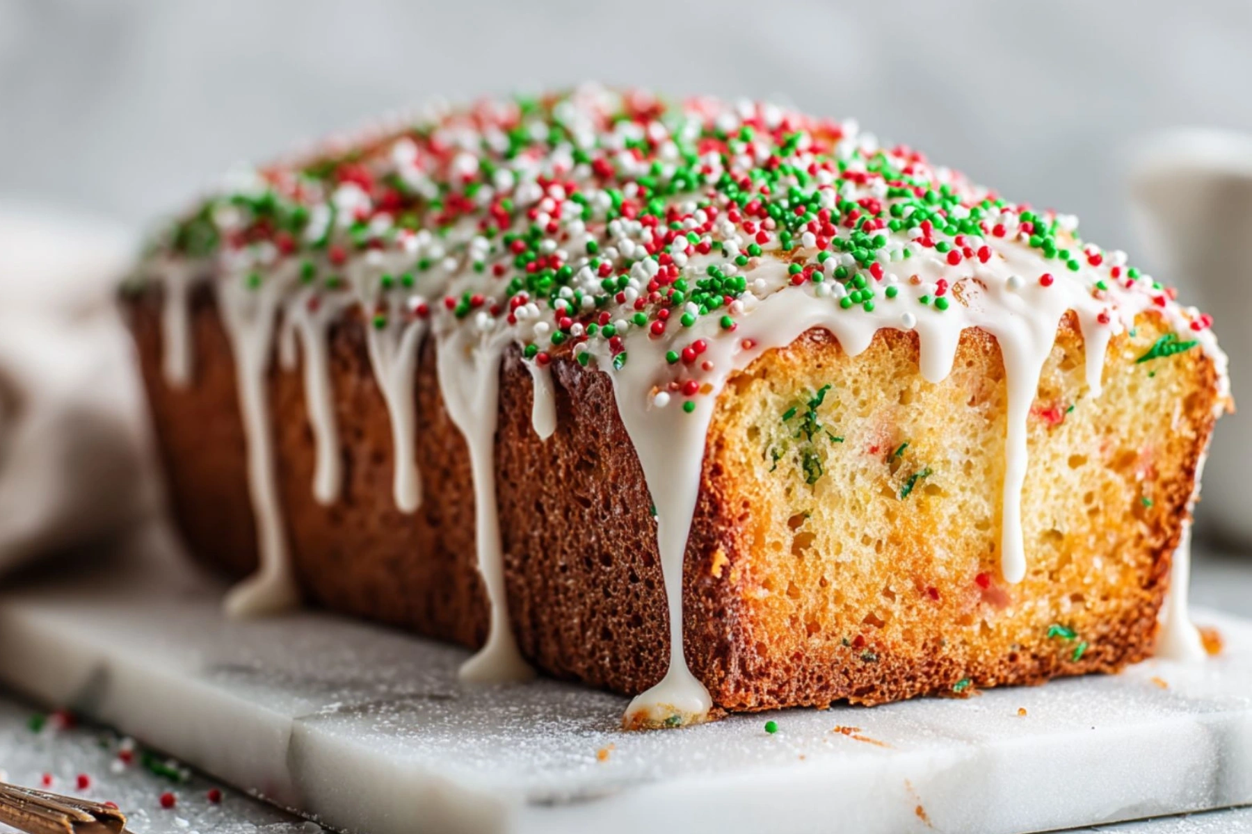 Christmas Bread No-Bake with white chocolate glaze and festive sprinkles