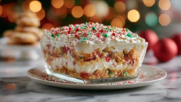 Christmas Cookie Lasagna layered with cream and cookies in a glass dis