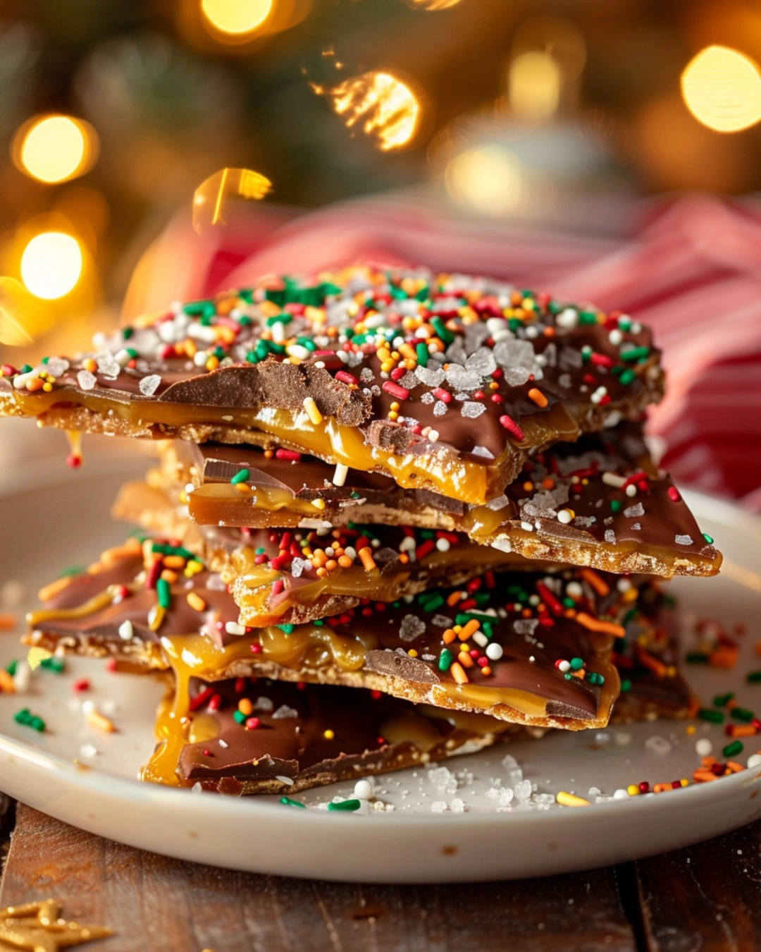 Festive stack of Christmas crack candy in tin