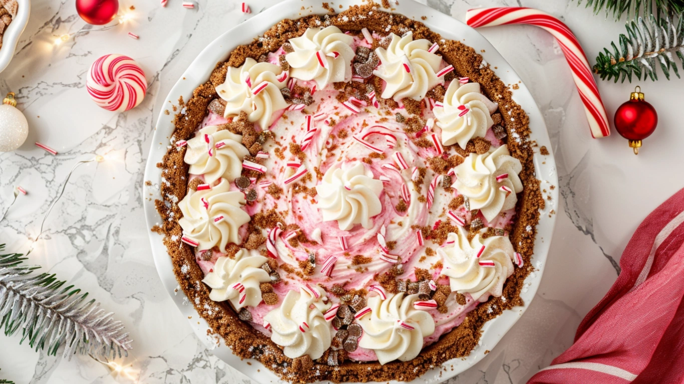 Top-view photo of a festive peppermint Christmas pie with swirled pink and white filling, whipped cream rosettes, crushed candy canes, chocolate chips, and graham cracker crust, decorated with holiday ornaments and evergreen branches on a white marble background.