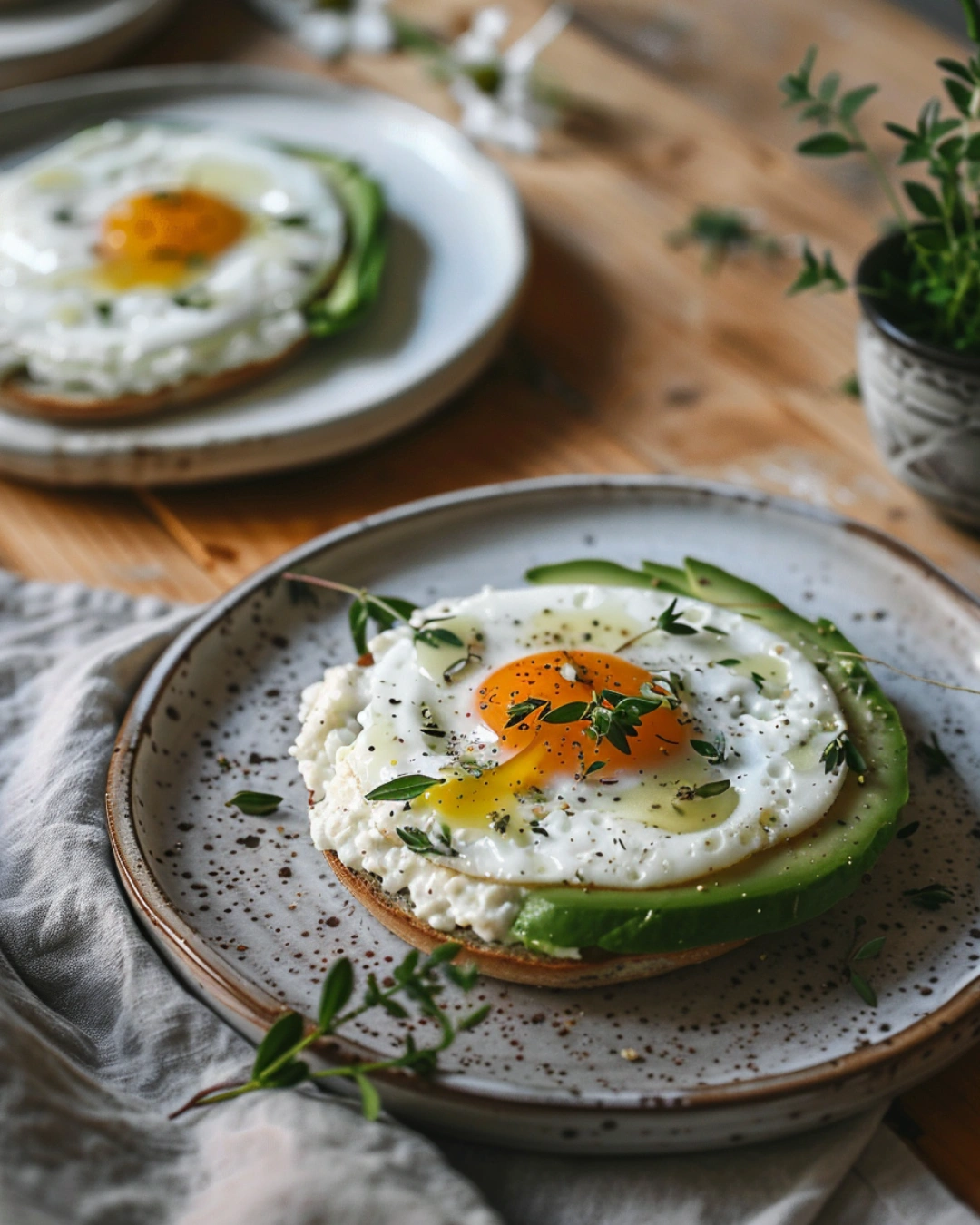 Cottage cheese bagels served with egg and avocado