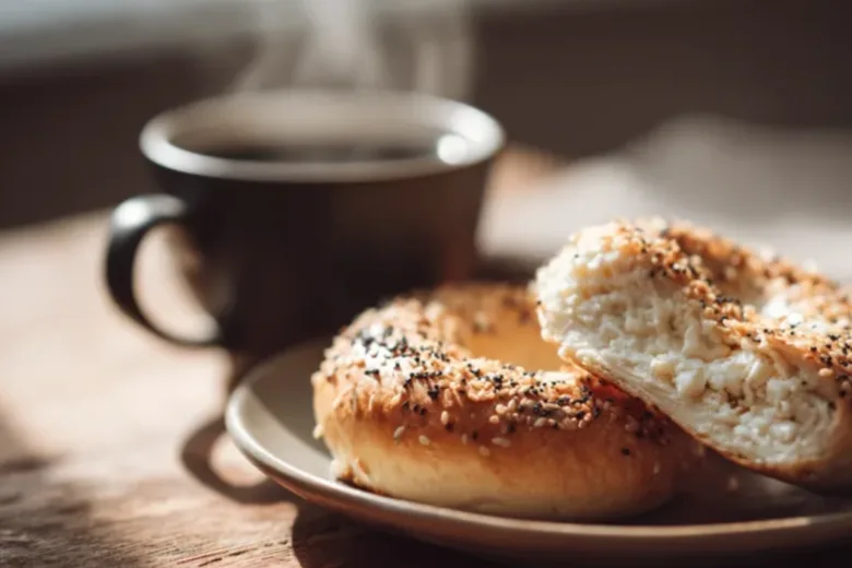 Freshly baked cottage cheese bagel sliced on board