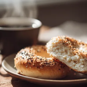 Freshly baked cottage cheese bagel sliced on board