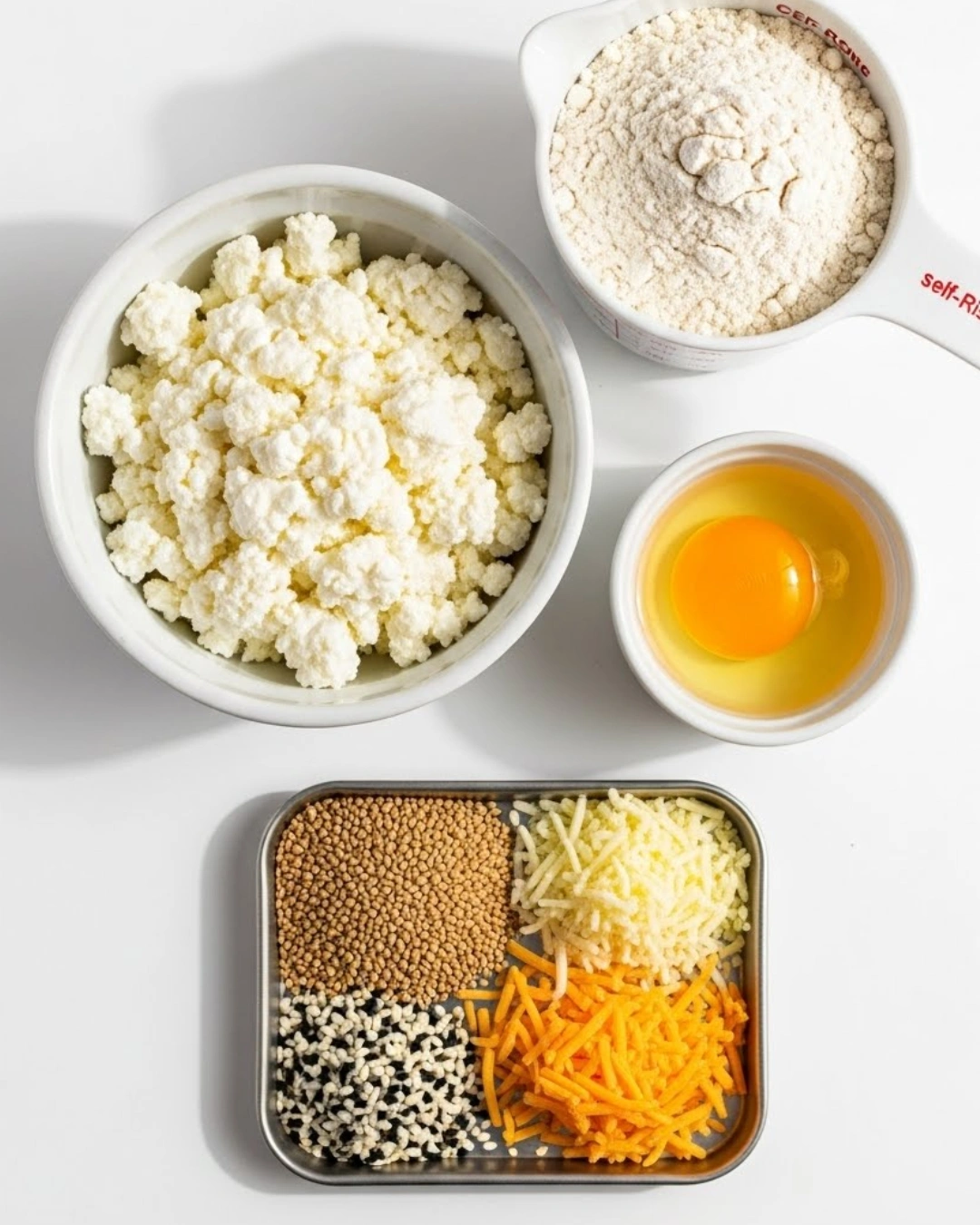Ingredients for cottage cheese bagels on white surface