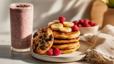 Close-up photo of chocolate chip cookies stacked, fluffy banana pancakes topped with maple syrup and banana slices, and a berry smoothie with raspberries and chia seeds, styled on a white marble countertop in bright modern natural light.